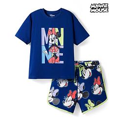 Pine Kids Disney Single Jersey Knit Half Sleeves T-Shirt & Shorts Night Suit With Minnie Mouse Graphics - Blue
