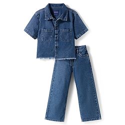 Pine Kids Cotton Knit Half Sleeves Co-ords Solid Color Denim Top & Jeans Set - Blue