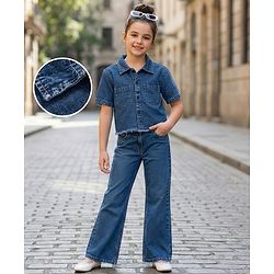 Pine Kids Cotton Knit Half Sleeves Co-ords Solid Color Denim Top & Jeans Set - Blue