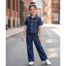 Pine Kids Cotton Knit Half Sleeves Co-ords Solid Color Denim Top & Jeans Set - Blue