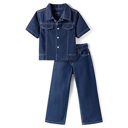 Pine Kids Cotton Knit Half Sleeves Co-ords Solid Color Denim Top & Jeans Set - Blue
