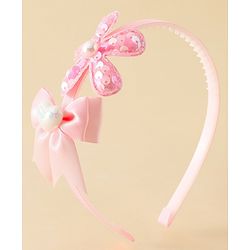 Pine Kids Free Size Hair Band With Bow & Sequinned Floral Applique - Pink