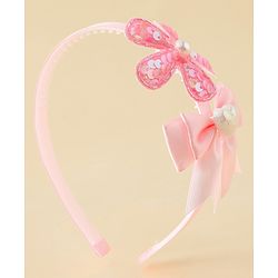 Pine Kids Free Size Hair Band With Bow & Sequinned Floral Applique - Pink