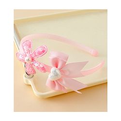 Pine Kids Free Size Hair Band With Bow & Sequinned Floral Applique - Pink