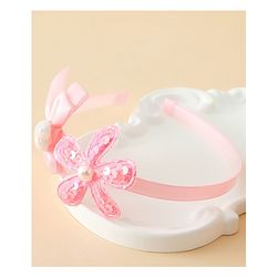 Pine Kids Free Size Hair Band With Bow & Sequinned Floral Applique - Pink