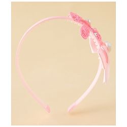 Pine Kids Free Size Hair Band With Bow & Sequinned Floral Applique - Pink