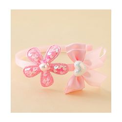 Pine Kids Free Size Hair Band With Bow & Sequinned Floral Applique - Pink
