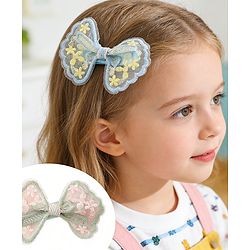 Pine Kids Bow & Butterfly Clips With Applique - White & Blue