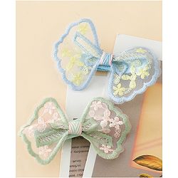 Pine Kids Bow & Butterfly Clips With Applique - White & Blue