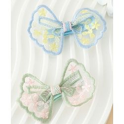 Pine Kids Bow & Butterfly Clips With Applique - White & Blue