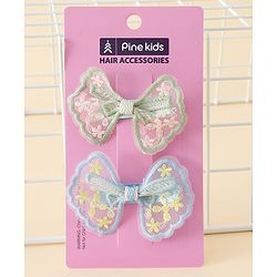 Pine Kids Bow & Butterfly Clips With Applique - White & Blue