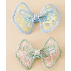 Pine Kids Bow & Butterfly Clips With Applique - White & Blue