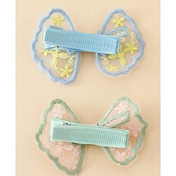 Pine Kids Bow & Butterfly Clips With Applique - White & Blue
