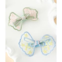 Pine Kids Bow & Butterfly Clips With Applique - White & Blue