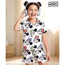 Pine Kids Disney 100% Cotton Woven Half Sleeves Front Open Co-Ords Shirt & Shorts Night Suit With Minnie Mouse Print - White