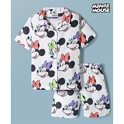 Pine Kids Disney 100% Cotton Woven Half Sleeves Front Open Co-Ords Shirt & Shorts Night Suit With Minnie Mouse Print - White