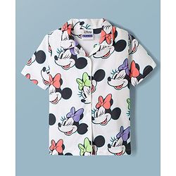 Pine Kids Disney 100% Cotton Woven Half Sleeves Front Open Co-Ords Shirt & Shorts Night Suit With Minnie Mouse Print - White