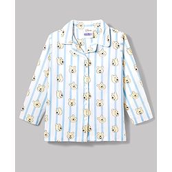 Pine Kids Disney 100% Cotton Woven Full Sleeves Front Open Co-Ords Shirt & Pyjama Night Suit With Winnie the Pooh Print - Light Blue