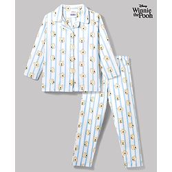 Pine Kids Disney 100% Cotton Woven Full Sleeves Front Open Co-Ords Shirt & Pyjama Night Suit With Winnie the Pooh Print - Light Blue