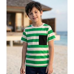 Pine Kids 100% Cotton Knit Half Sleeves Striped T-Shirt - Green & White