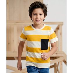 Pine Kids 100% Cotton Knit Half Sleeves Striped T-Shirt - Yellow & White