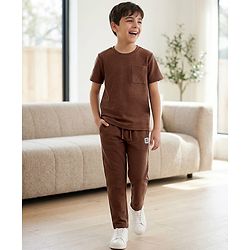 Pine Kids Ottoman Knit Half Sleeves Solid T-Shirt & Lounge Pant Set - Brown