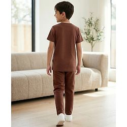 Pine Kids Ottoman Knit Half Sleeves Solid T-Shirt & Lounge Pant Set - Brown