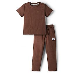 Pine Kids Ottoman Knit Half Sleeves Solid T-Shirt & Lounge Pant Set - Brown