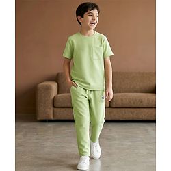 Pine Kids Ottoman Knit Half Sleeves Solid Color T-Shirt & Lounge Pant Set - Light Green