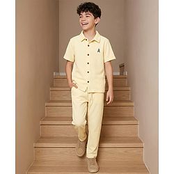 Pine Kids Waffle Knit Half Sleeves Solid Shirt & Lounge Pant Set - Yellow