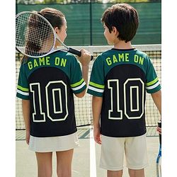Pine Active Knit Drop Shoulder Half Sleeves T-Shirt with Front& Back Text Print- Dark Green