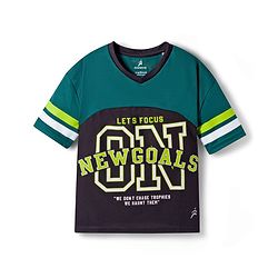 Pine Active Knit Drop Shoulder Half Sleeves T-Shirt with Front& Back Text Print- Dark Green
