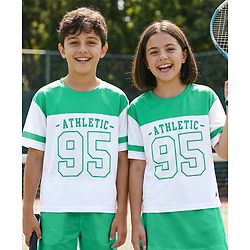 Pine Active Knit Drop Shoulder Half Sleeves T-Shirt with  Numerical & Text Print - Sea Green