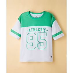 Pine Active Knit Drop Shoulder Half Sleeves T-Shirt with  Numerical & Text Print - Sea Green