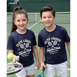 Pine Active Knit Drop Shoulder Drop Shoulder Half Sleeves T-Shirt with Tennis Print - Navy