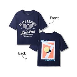 Pine Active Knit Drop Shoulder Drop Shoulder Half Sleeves T-Shirt with Tennis Print - Navy