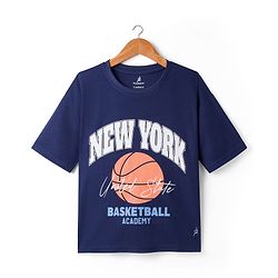 Pine Active Knit Drop Shoulder Half Sleeves T-Shirt with Sports Print - Navy Blue