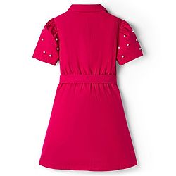 Pine Kids Poplin Woven Half Sleeves Dress with Pearl Applique - Dark Pink
