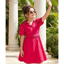 Pine Kids Poplin Woven Half Sleeves Dress with Pearl Applique - Dark Pink