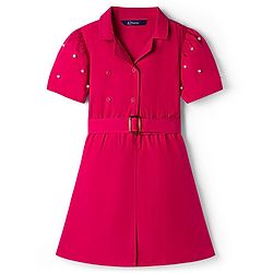 Pine Kids Poplin Woven Half Sleeves Dress with Pearl Applique - Dark Pink