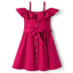 Pine Kids Poplin Woven Half Sleeves Solid Frock With Belt & Pearl Detailing - Dark Pink