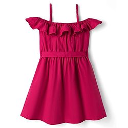 Pine Kids Poplin Woven Half Sleeves Solid Frock With Belt & Pearl Detailing - Dark Pink