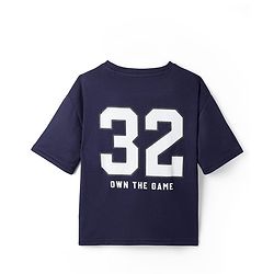 Pine Active Knit Drop Shoulder Half Sleeves T-Shirt with Numbers Print - Navy Blue