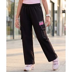 Pine Kids Knit Full Length Track Pant with Text Print & Pockets - Black