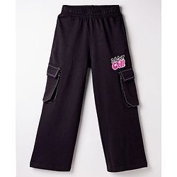 Pine Kids Knit Full Length Track Pant with Text Print & Pockets - Black