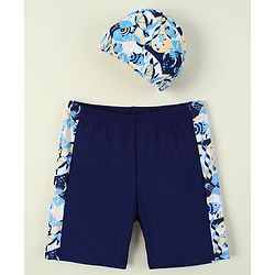 Pine Active Sea Life Printed Swimming Trunk & Cap - Navy Blue