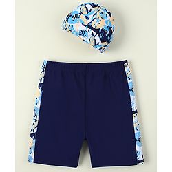 Pine Active Sea Life Printed Swimming Trunk & Cap - Navy Blue