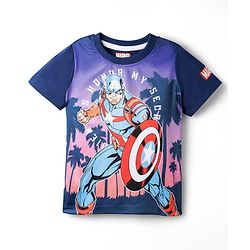 Pine Kids Marvel Single Jersey Knit Half Sleeves T-Shirt With Avenger Captain America Graphics - Navy Blue