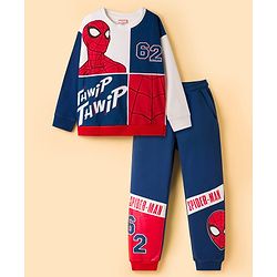 Pine Kids Marvel Terry Knit Drop Shoulder Full Sleeves T-Shirt & Lounge Pant Set with Spiderman Graphic - Multicolor
