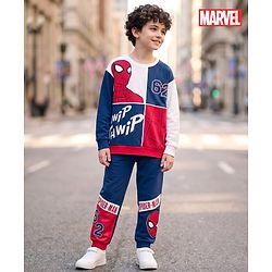 Pine Kids Marvel Terry Knit Drop Shoulder Full Sleeves T-Shirt & Lounge Pant Set with Spiderman Graphic - Multicolor